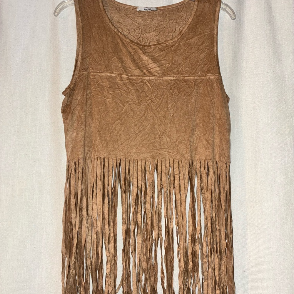 Acemi Faux Suede  Fringe Sleeveless Long Vest Top One Size Boho